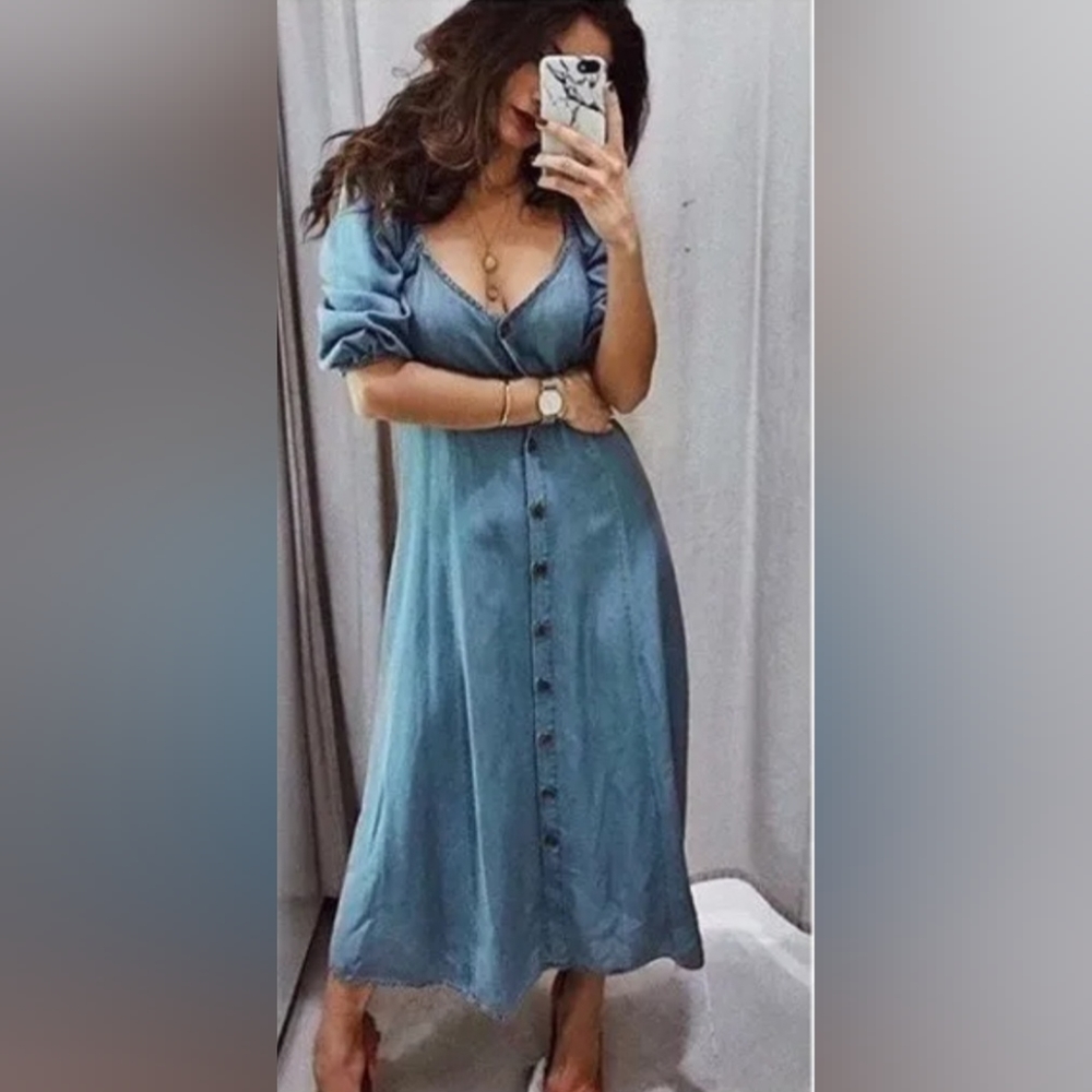 Zara Chambray Off Shoulder Midi Dress Bell Sleeves |Size XS | Bloggers Favorite - Picture 2 of 12